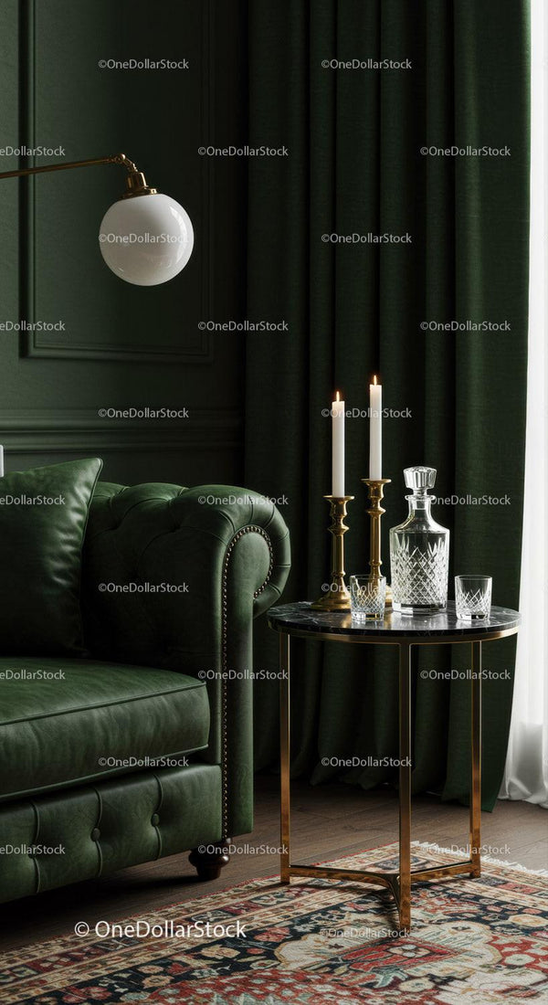Cozy vintage living room with green leather sofa and candles
