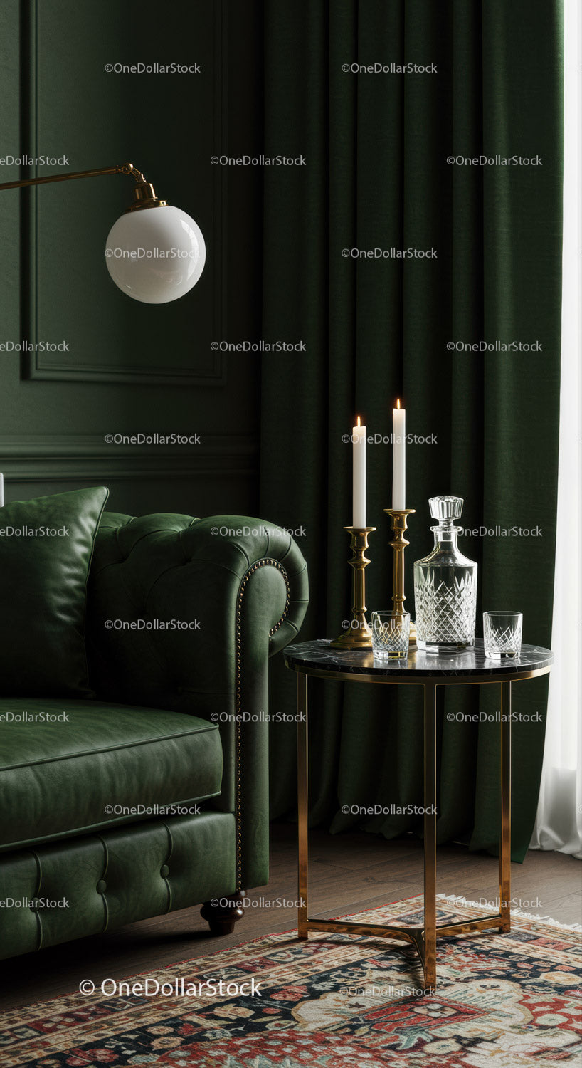 Przytulny salon w stylu vintage z zieloną skórzaną sofą i świecami