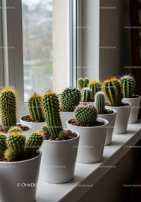 Collection of Green Cacti in White Pots on Windowsill with Natural Light