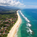 Scenic Tropical Beach with Blue Ocean Waves and Green Mountain Backdrop