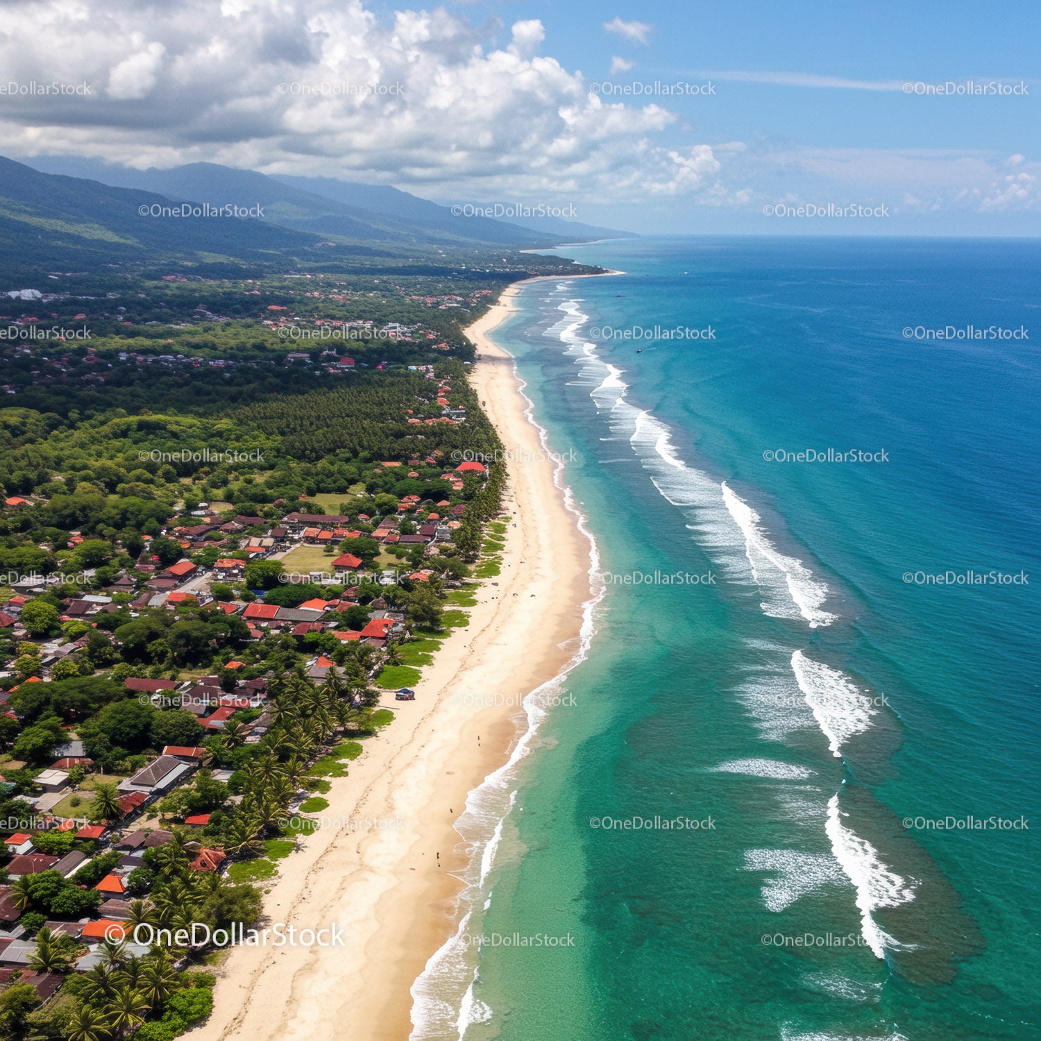Scenic Tropical Beach with Blue Ocean Waves and Green Mountain Backdrop