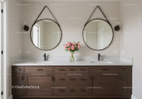 Elegant Modern Bathroom Vanity with Double Mirrors and Wooden Cabinets