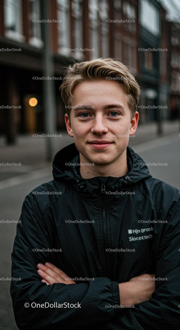 Young Man in Casual Jacket Standing on City Street