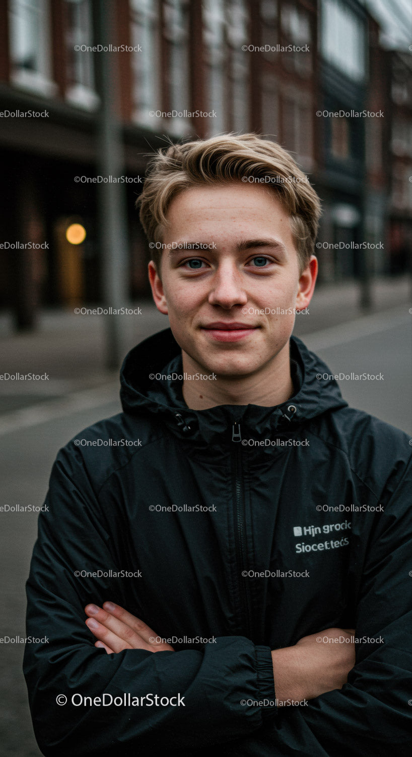 Young Man in Casual Jacket Standing on City Street