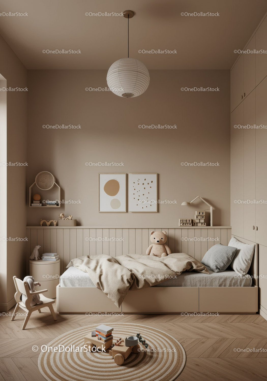 Minimalist Beige Nursery with Wooden Toy and Soft Decor