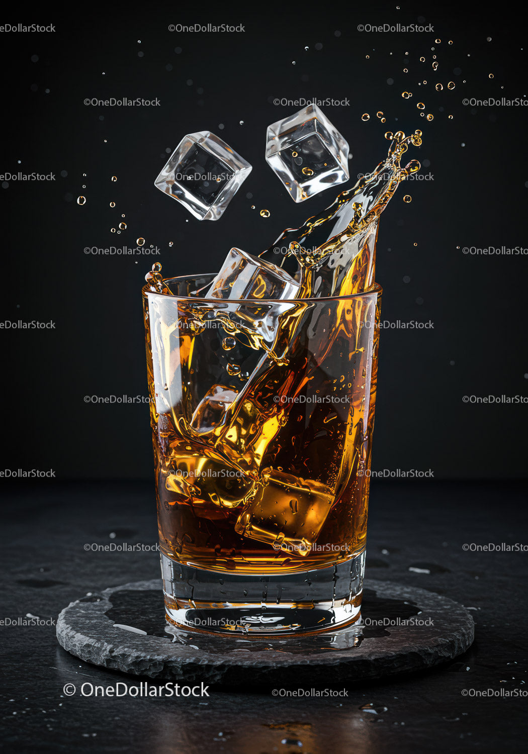 Amber whiskey splashing in glass with ice cubes
