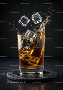 Amber whiskey splashing in glass with ice cubes