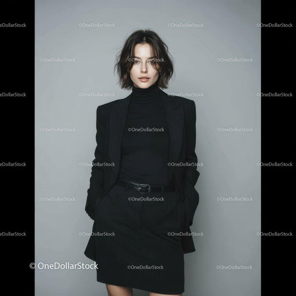 Stylish Woman in Black Pinstripe Suit for Business or Fashion