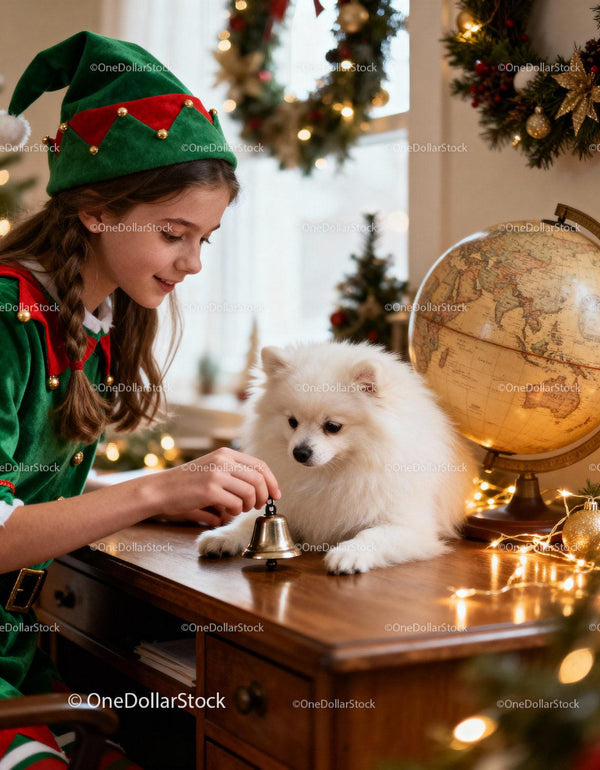 Girl in elf costume playing with dog by globe