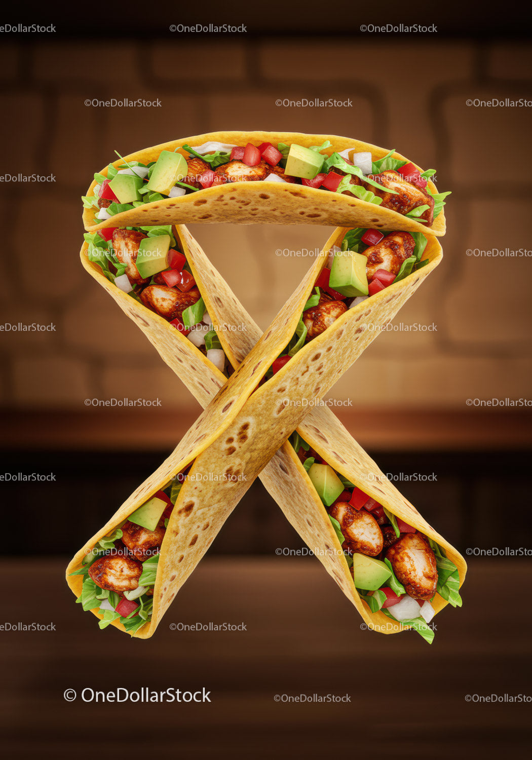 Świeże grillowane tacos z kurczakiem ułożone w kształt litery X