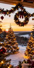 Cozy Christmas decorations with snowy pine trees at sunset