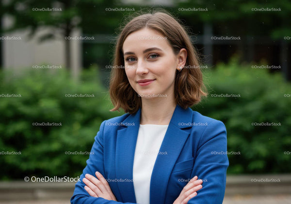Pewna siebie bizneswoman stojąca na zewnątrz z założonymi rękami