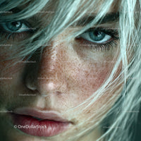 Close-up of a Woman's Blue Eye with Freckles and Blonde Hair