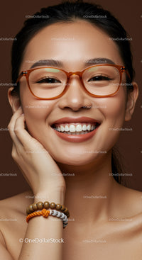 Smiling young woman wearing stylish amber eyeglasses