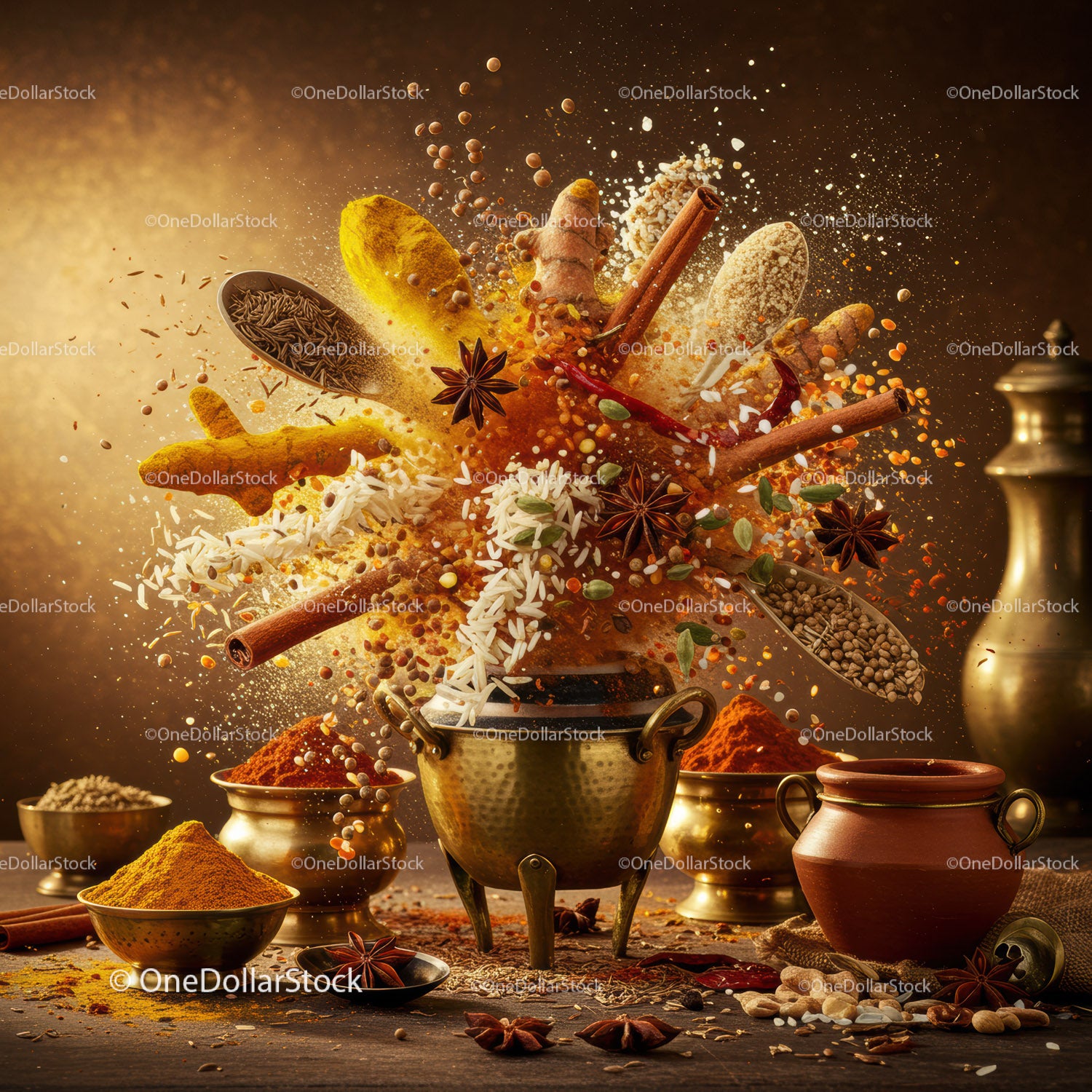 Burst of assorted spices and rice over copper pot