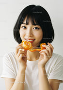 Young Woman Holding Tangerine Peel and Segments with Bright Smile