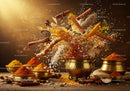 Assortment of Spices Flying Over Brass Bowls