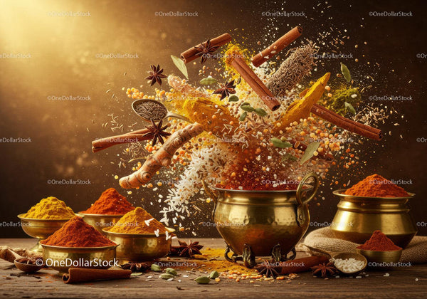 Assortment of Spices Flying Over Brass Bowls
