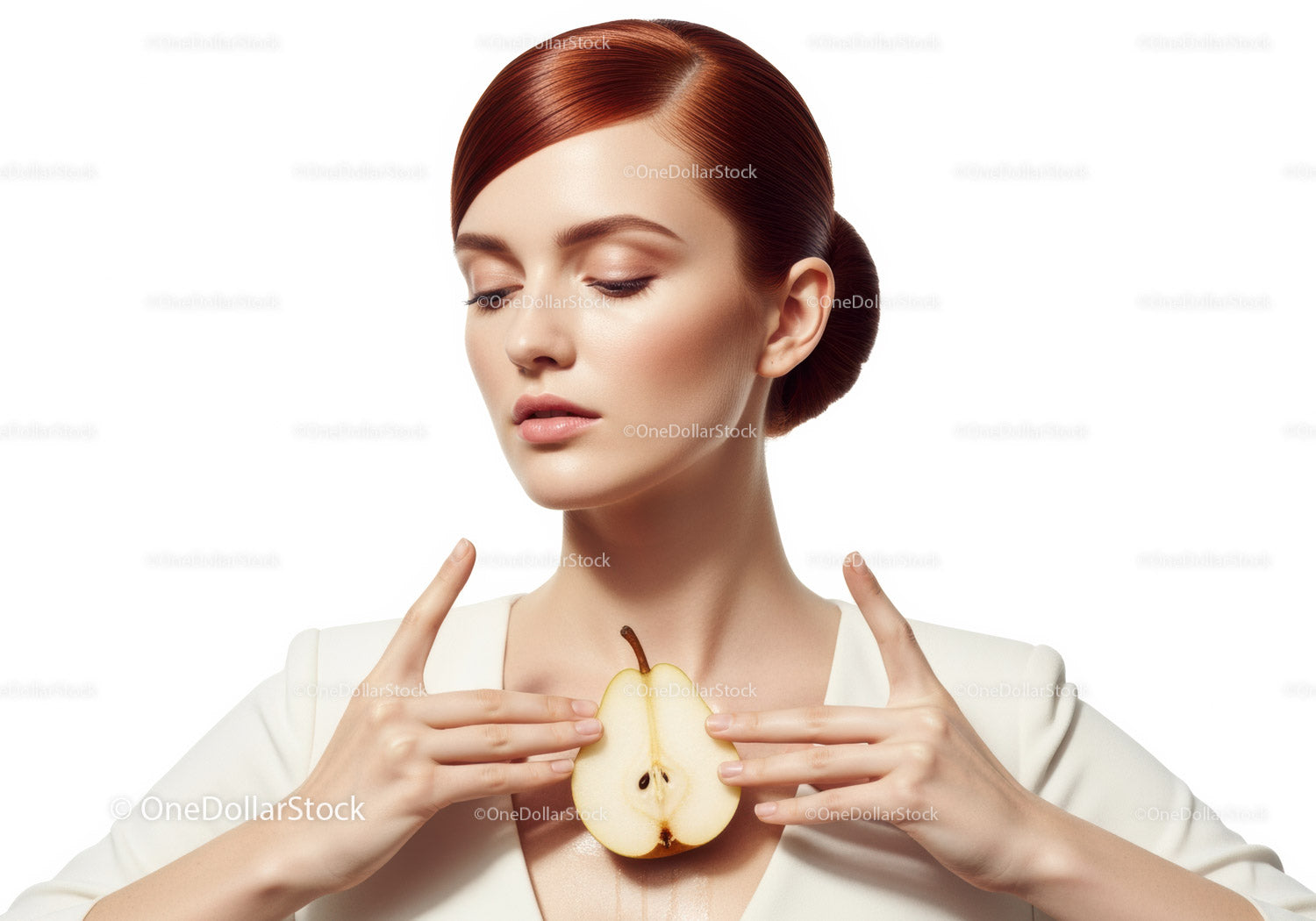 Elegant Woman with Red Hair Holding Pear in Artistic Studio Shot