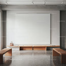 Minimalist waiting room with modern benches and blank wall