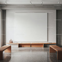 Minimalist waiting room with modern benches and blank wall