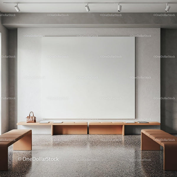 Minimalist waiting room with modern benches and blank wall JPG Mockup Image