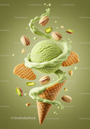 Fresh Pistachio Ice Cream with Waffle Cone and Nuts