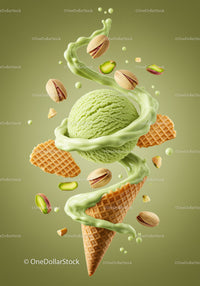 Fresh Pistachio Ice Cream with Waffle Cone and Nuts