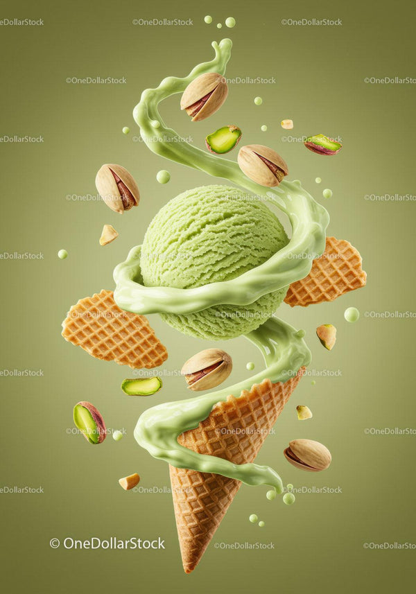 Fresh Pistachio Ice Cream with Waffle Cone and Nuts