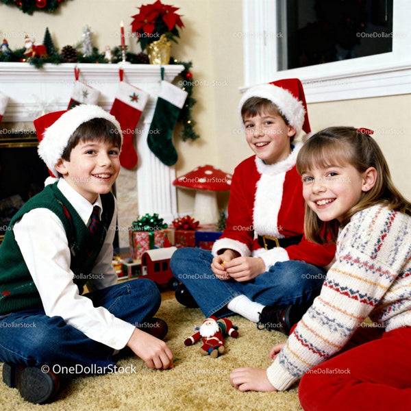 Happy children celebrating Christmas by fireplace