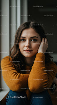 Calm young woman in cozy sweater by window