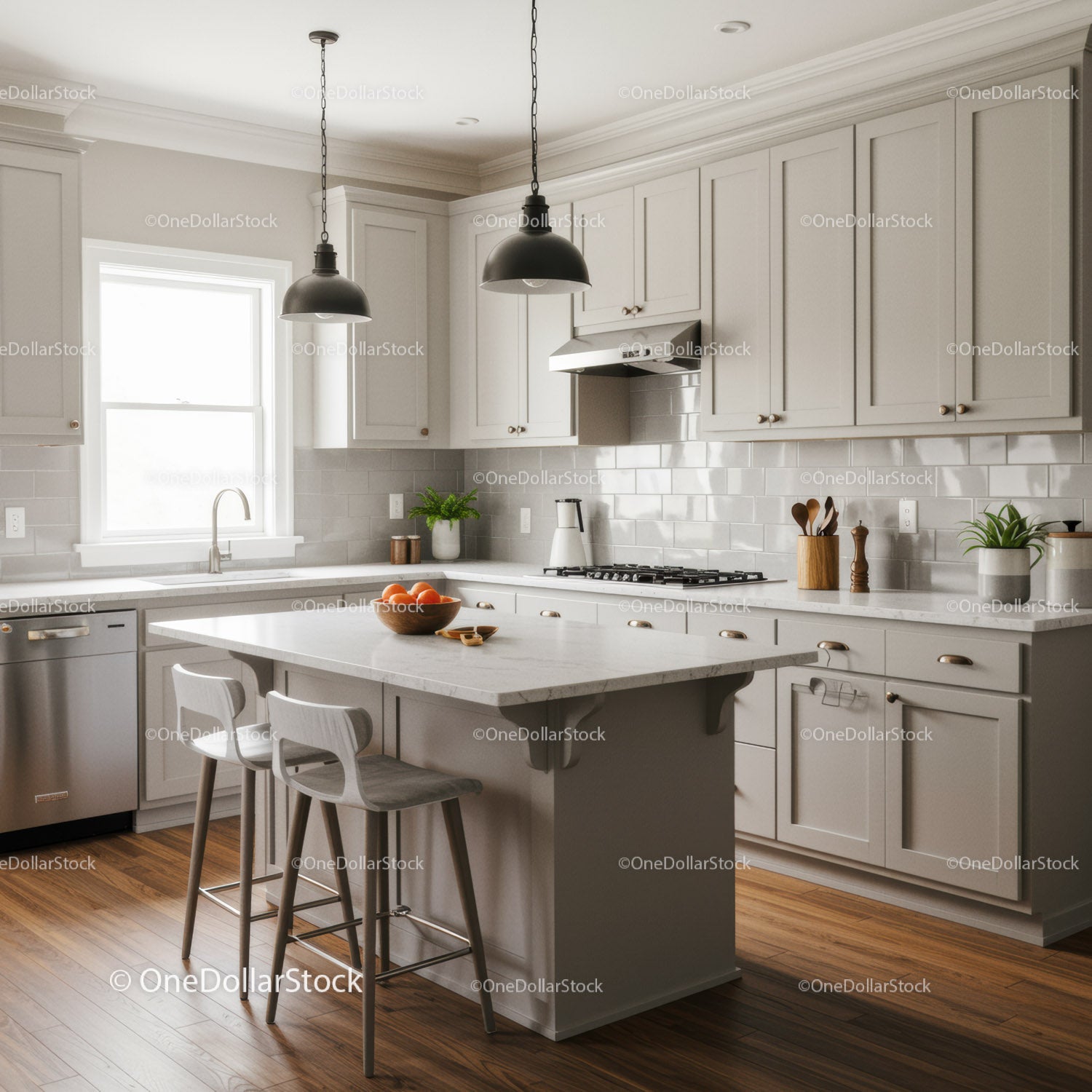 Bright Modern Kitchen with White Cabinets and Marble Countertop