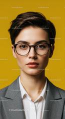 Young Woman with Short Hair and Glasses in Professional Business Attire