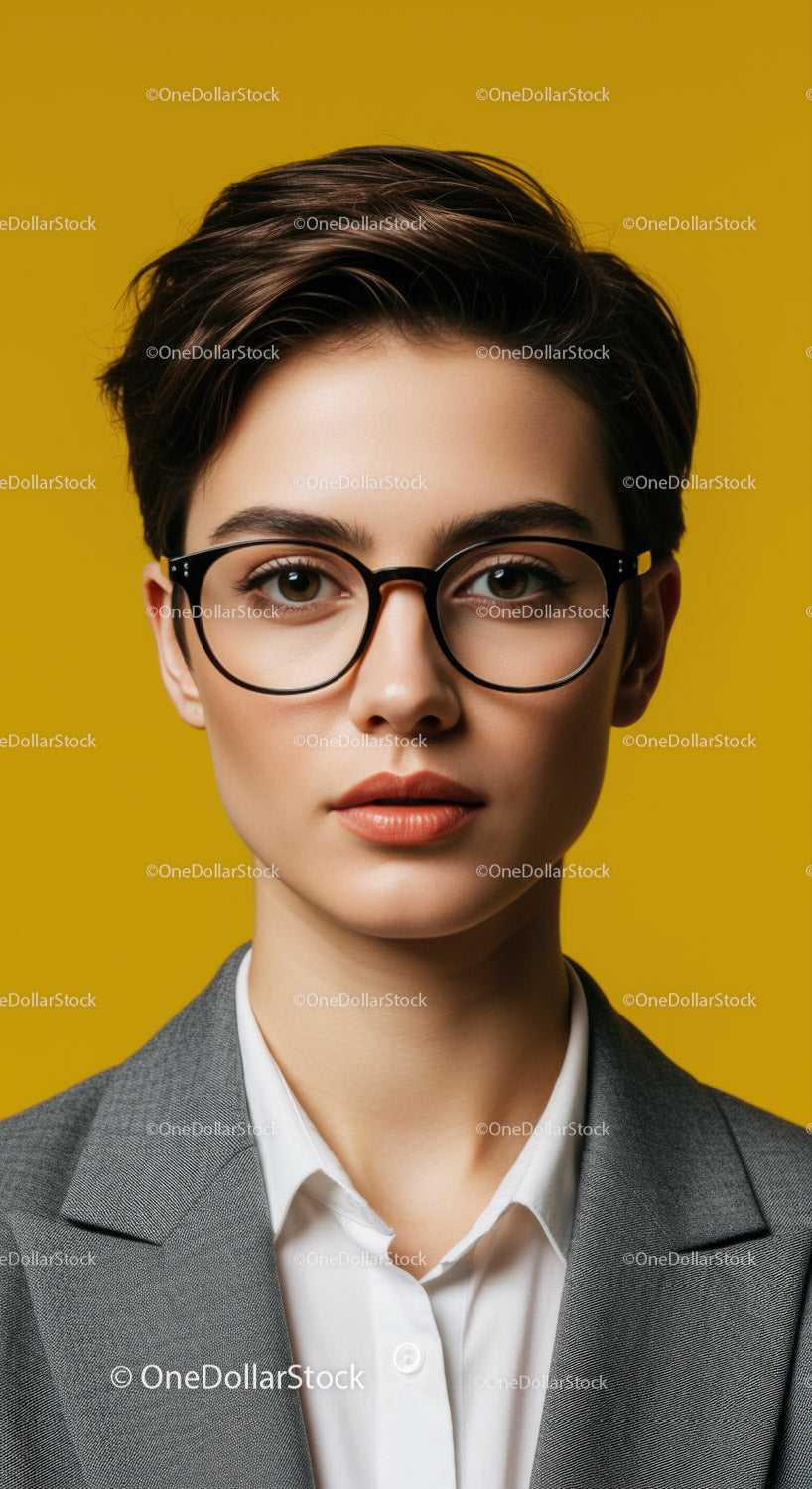 Young Woman with Short Hair and Glasses in Professional Business Attire