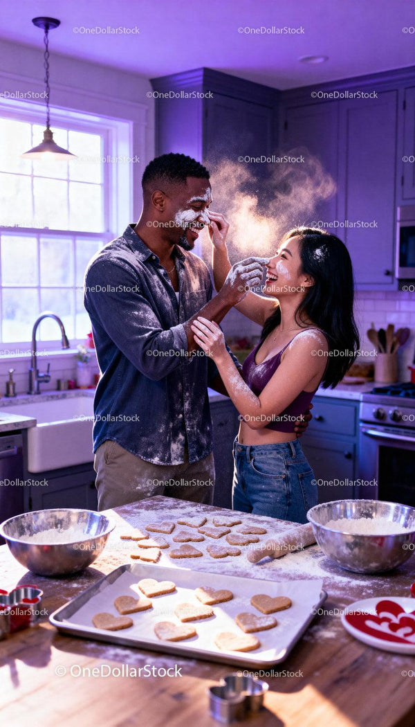 Couple playfully baking heart cookies in cozy kitchen