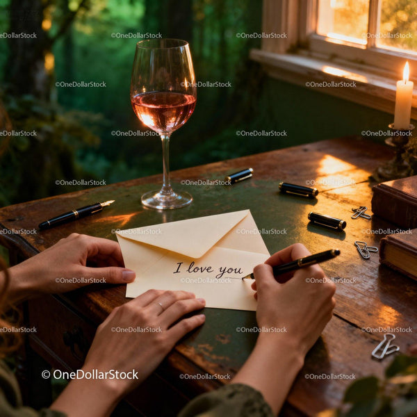 Writing a Love Letter by Candlelight with Glass of Wine