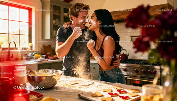Couple Playfully Baking Heart Cookies Together at Home