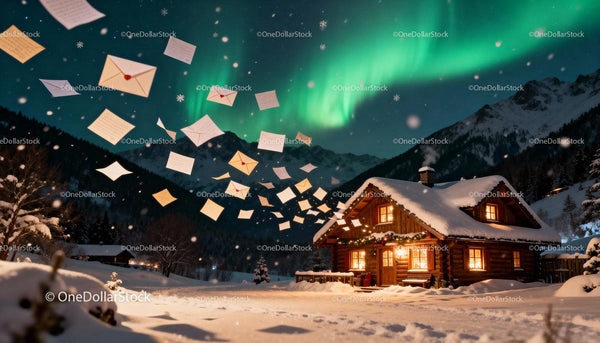 Winter cabin with glowing letters under northern lights
