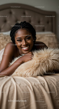 Smiling woman relaxing on cozy bed with fluffy pillow