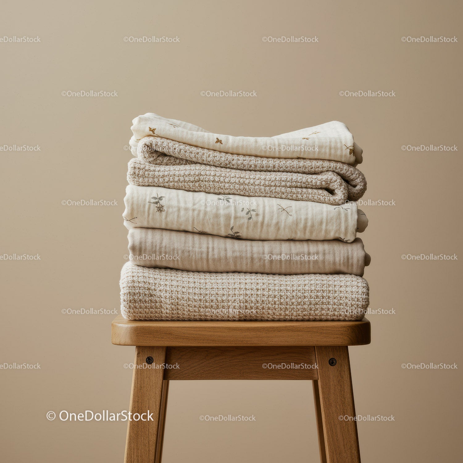 Stack of Neutral Textured Blankets on Wooden Stool