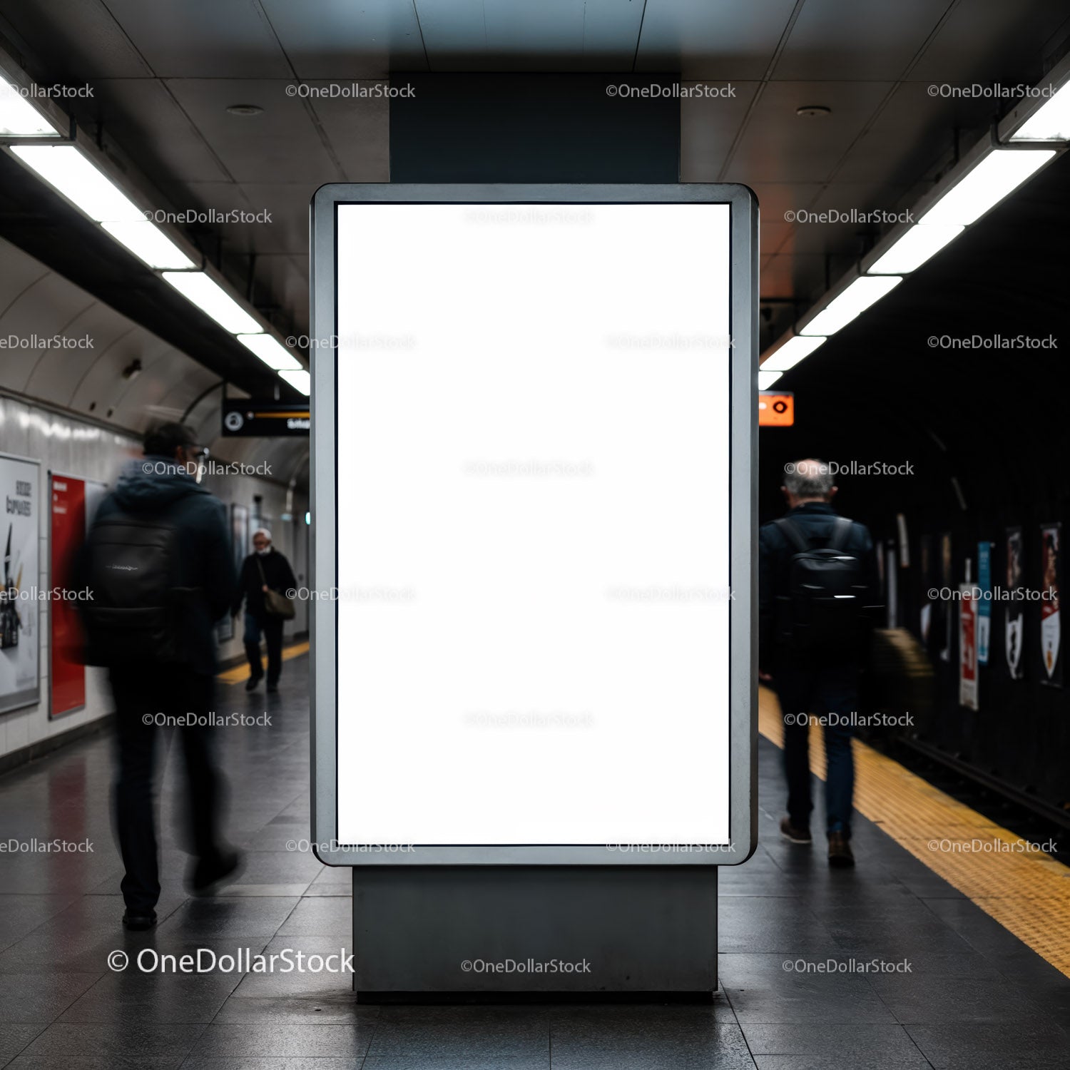 Empty illuminated billboard in urban subway station
