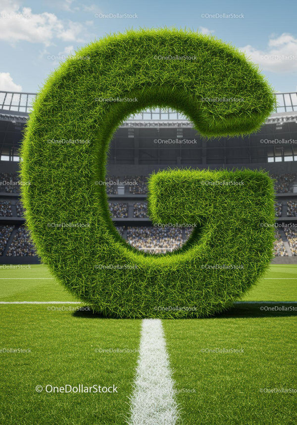 G shaped grass sculpture on soccer field centerline