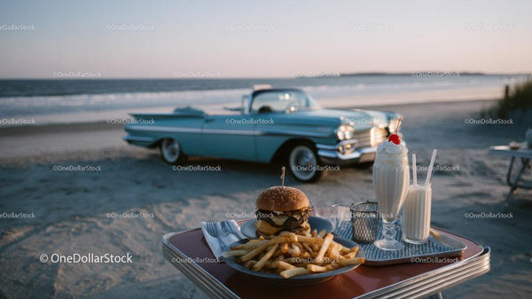 Klasyczny samochód vintage na plaży z burgerem, milkshakiem i frytkami
