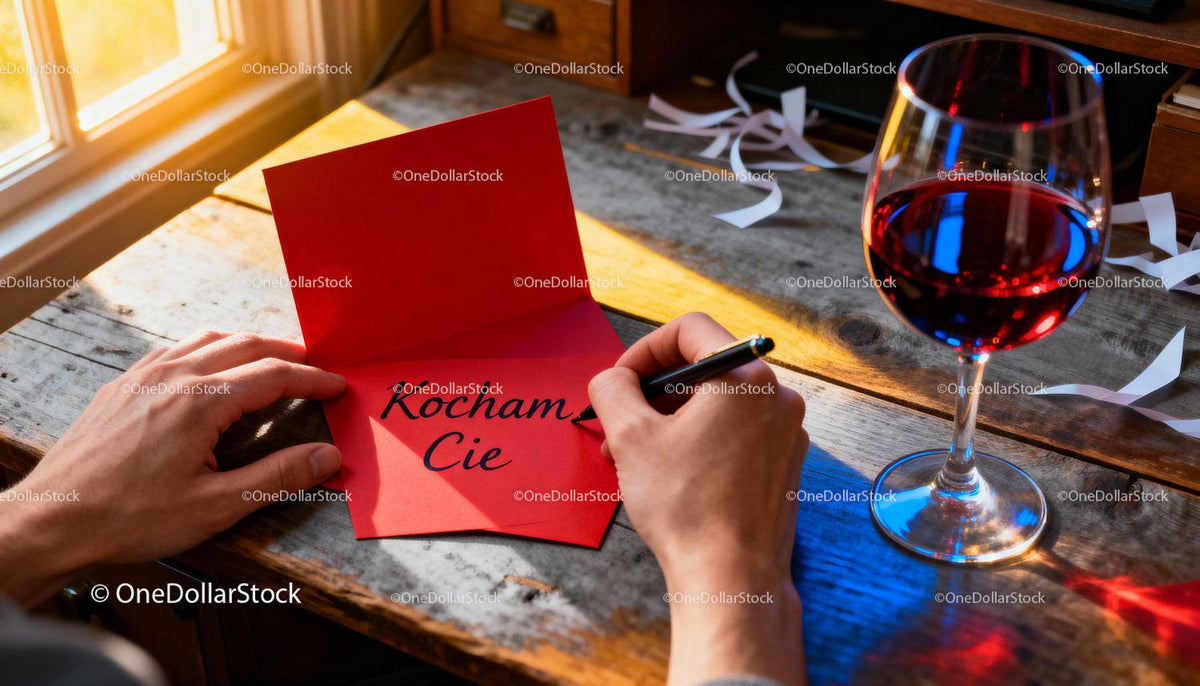 Writing a Valentine love note with a glass of red wine