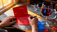 Writing a Valentine love note with a glass of red wine
