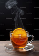 Steaming cup of tea with fresh orange slice