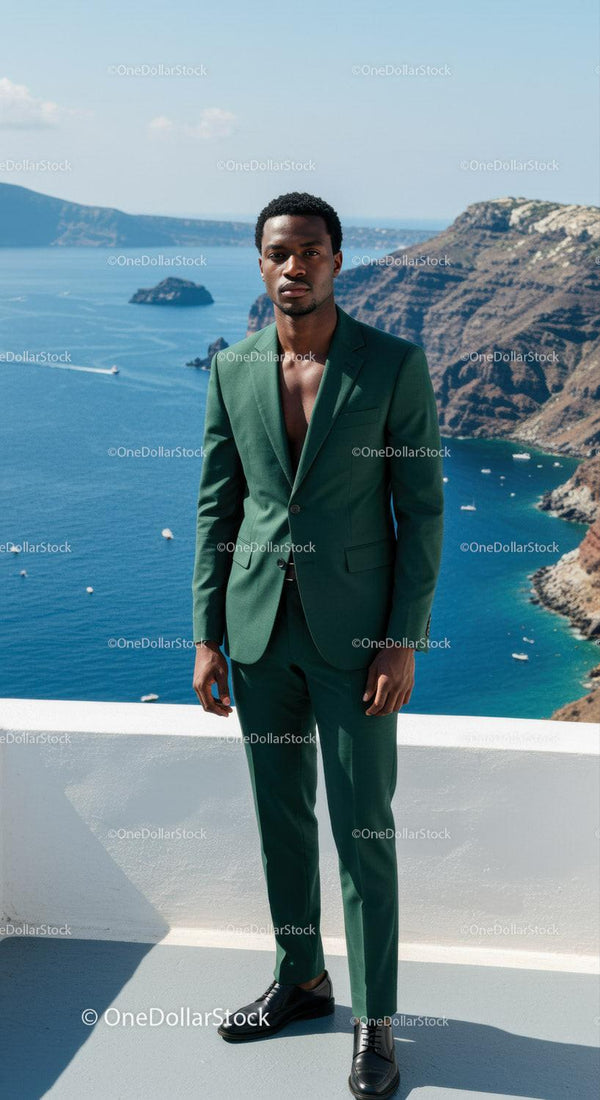 Confident man in green suit by seaside cliff view