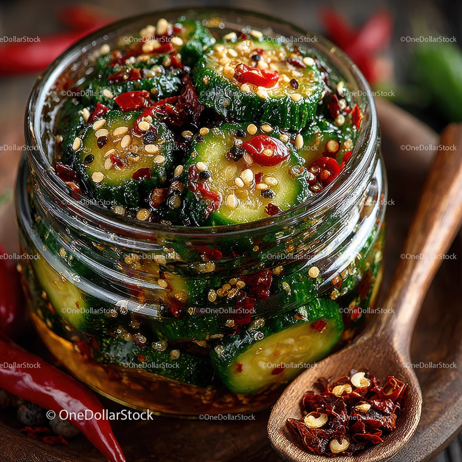 Spicy Cucumber Salad with Chili and Seeds in a Glass Jar