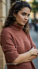 Young woman in cozy sweater on city street