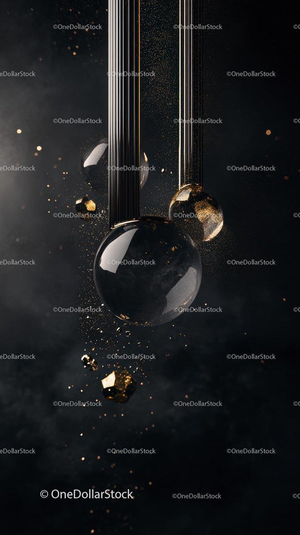 Elegant Black and Gold Abstract Digital Art with Metallic Spheres